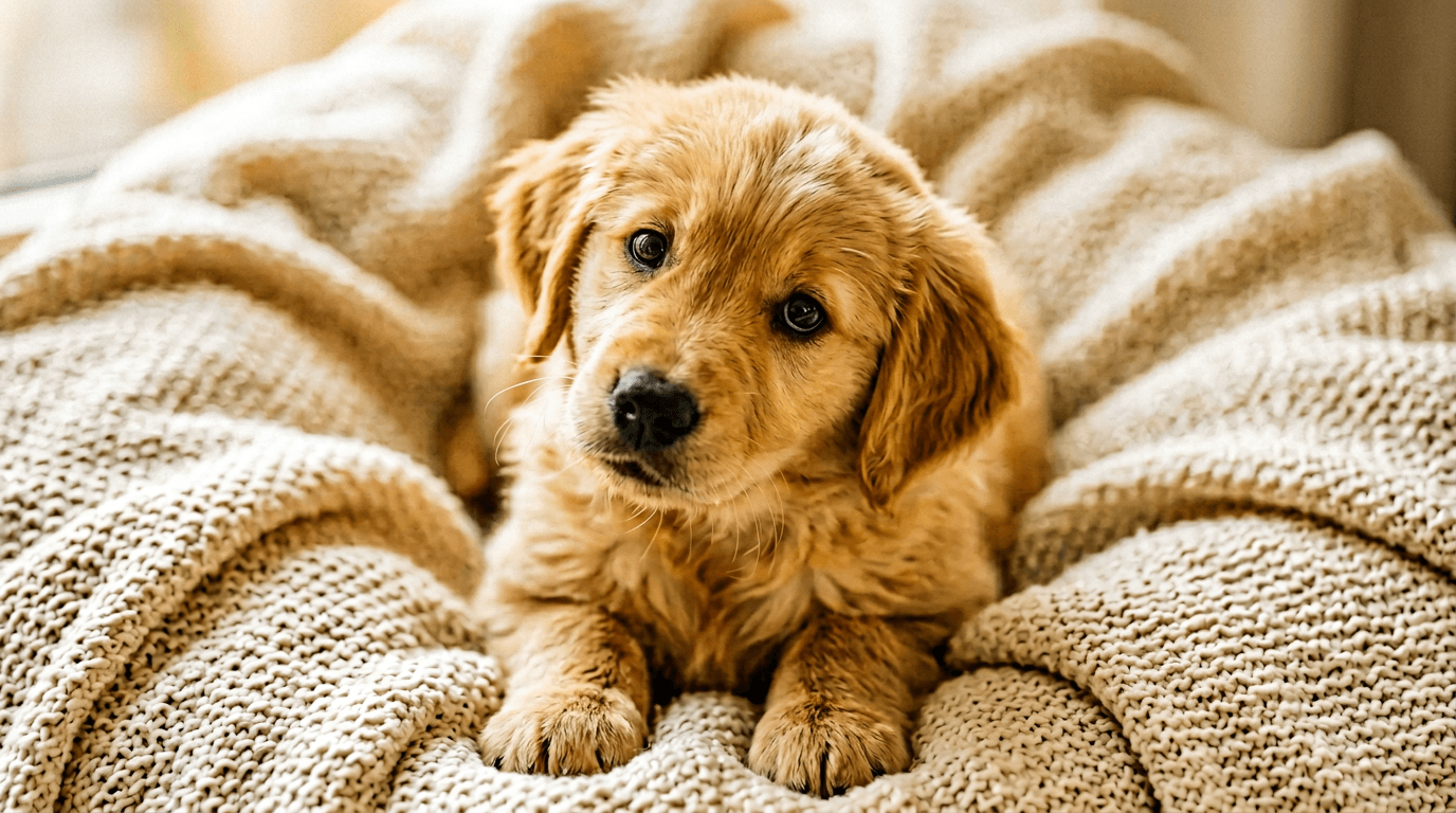 Puppy looking up curiously