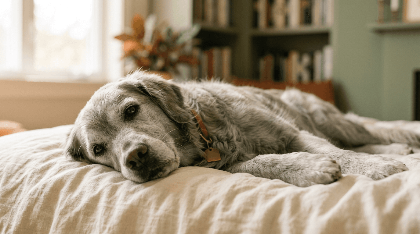 Senior golden retriever resting on a cream linen pillow in soft morning light