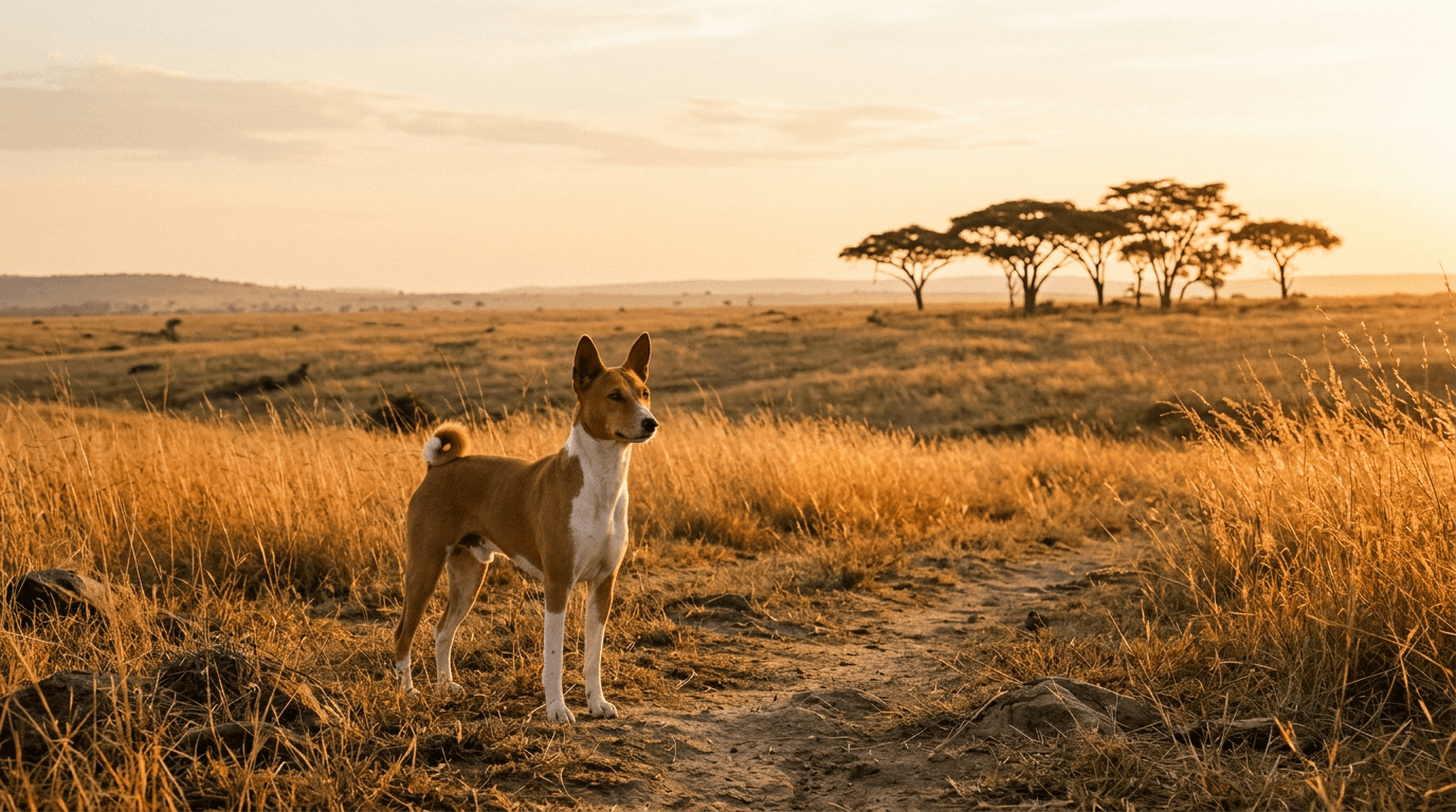 Savanna landscape with a dog under acacia tree