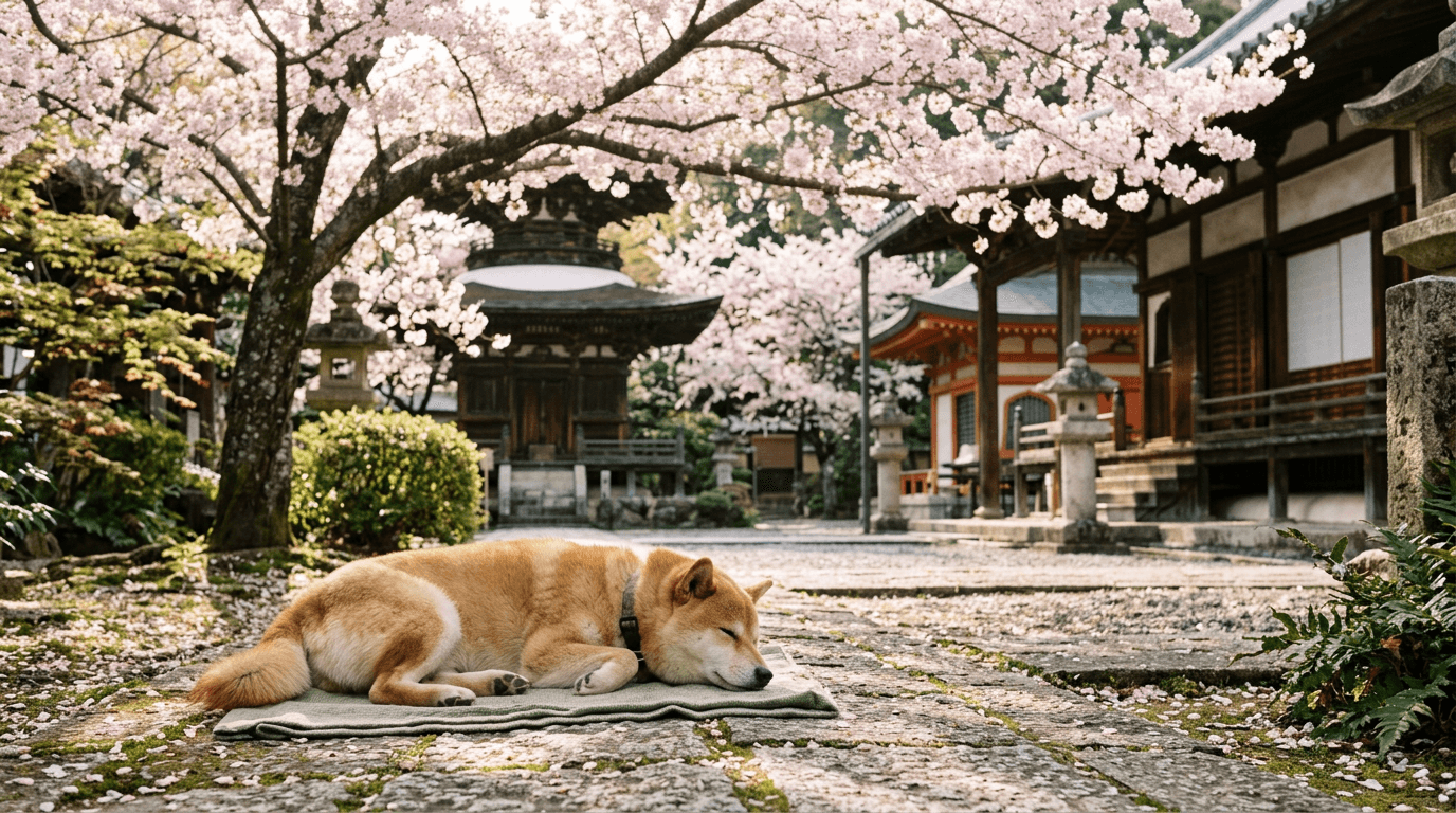 Asian temple courtyard with a dog resting in shade