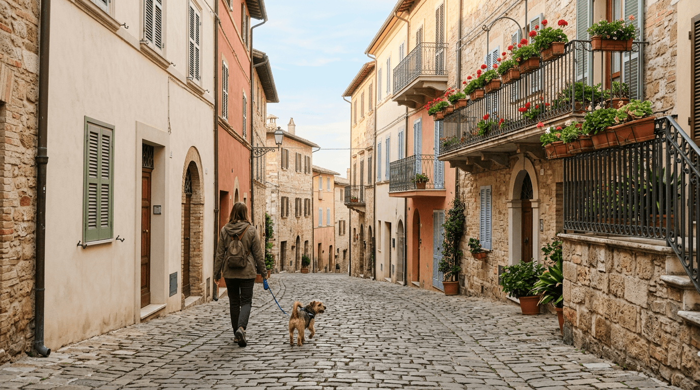 European cobblestone street with a dog and owner