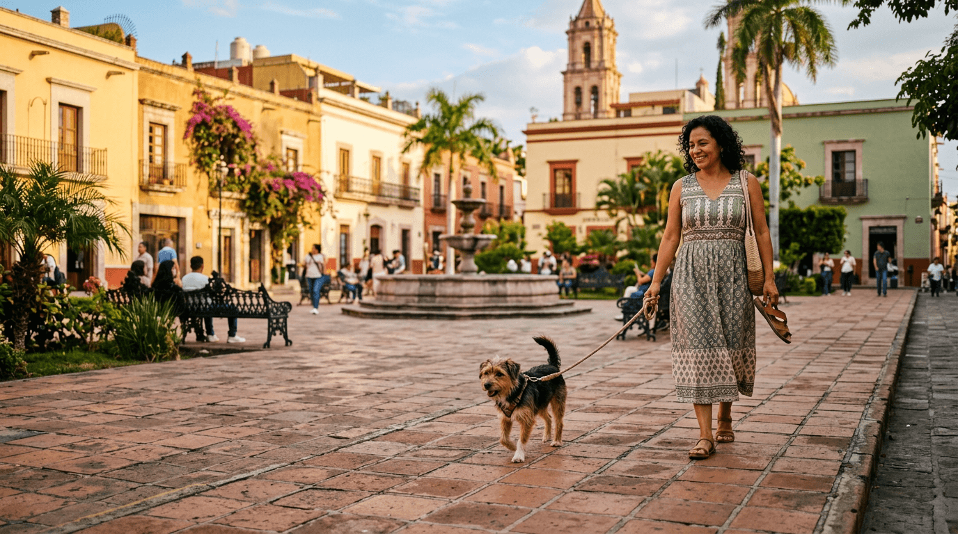 Sunlit Latin American plaza with dog and owner