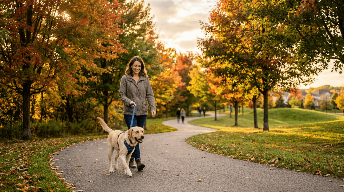 Sunlit North American suburban park with dog