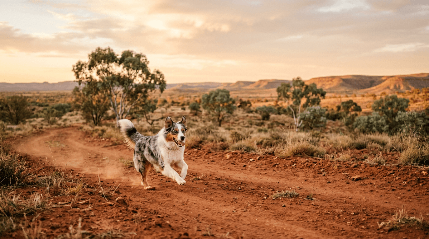 Beach at sunrise with a dog running