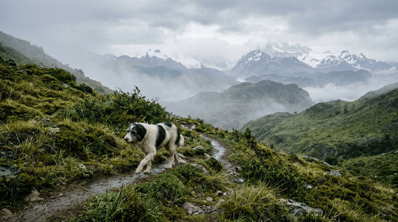 Patagonian sheepdog in misty South American mountains