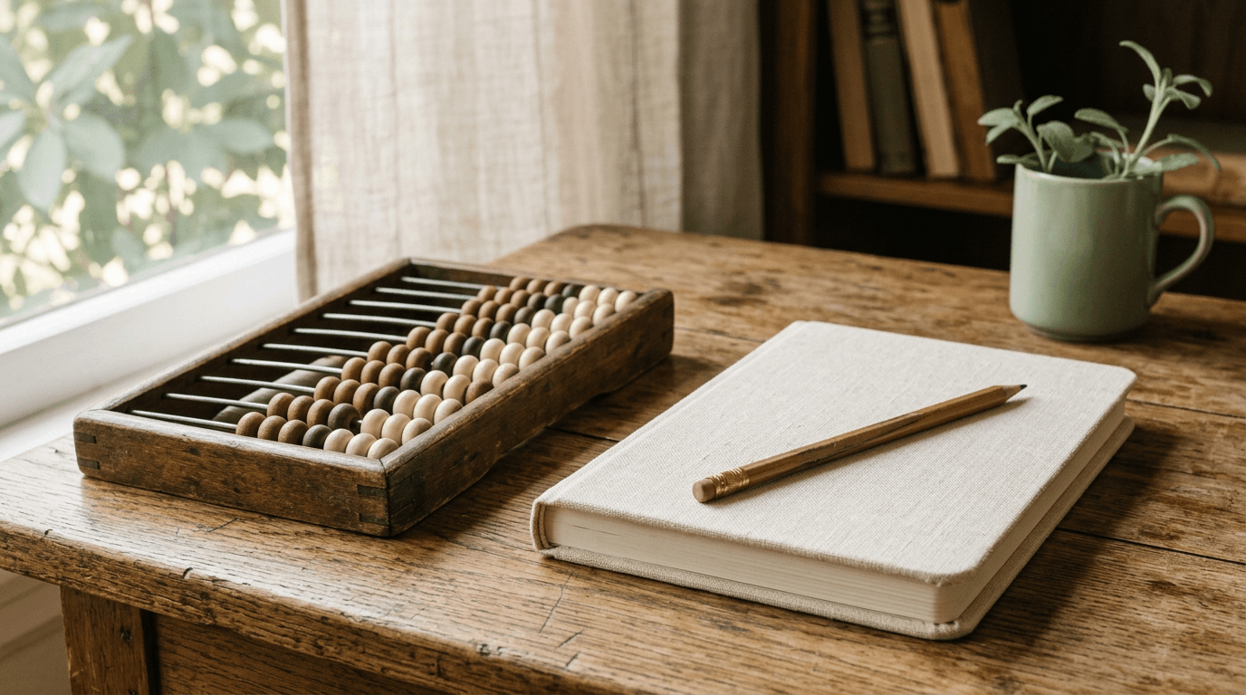 Wooden abacus and notebook representing calculation
