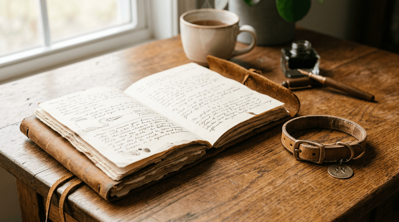 Open leather journal with handwritten dog notes