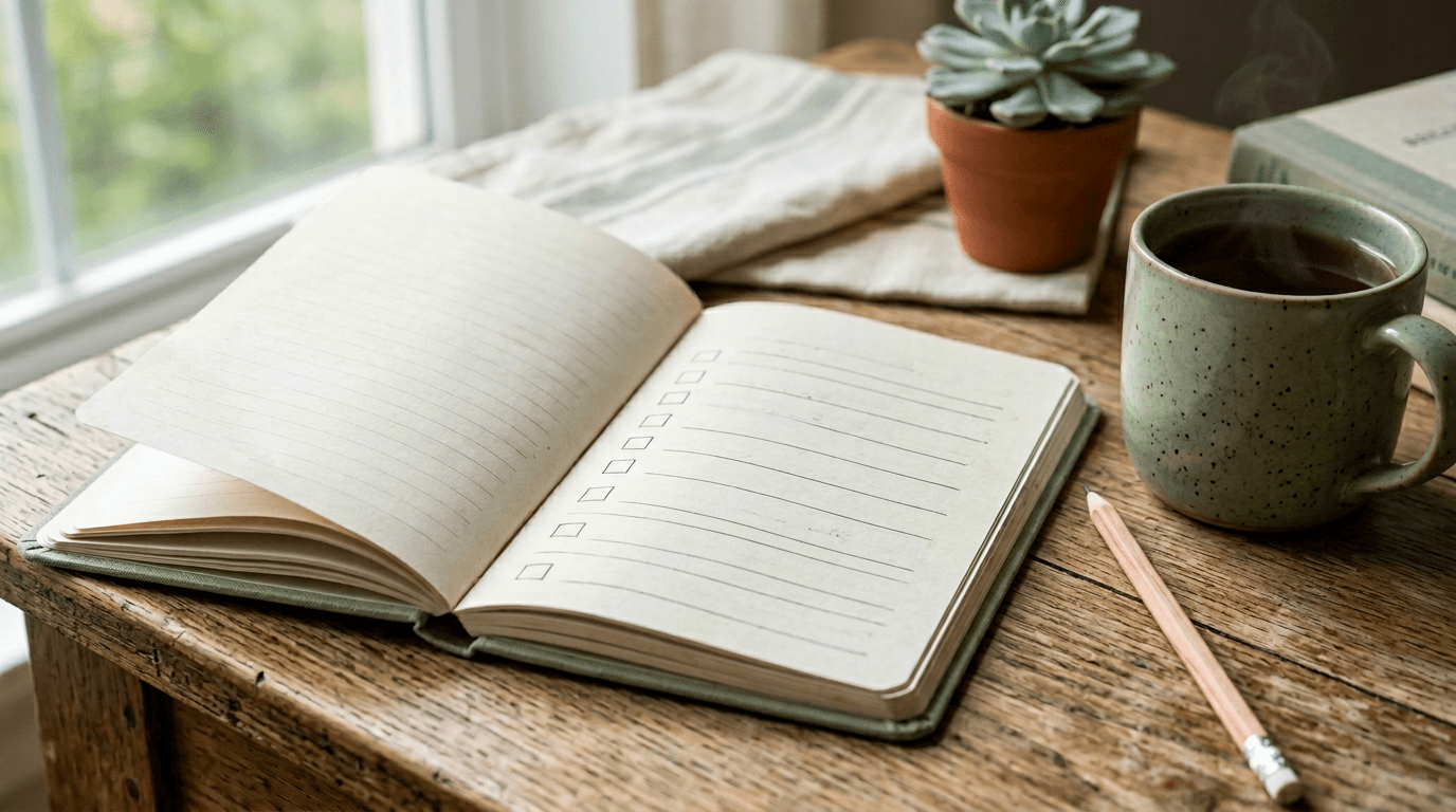 Open notebook with checkboxes and pencil