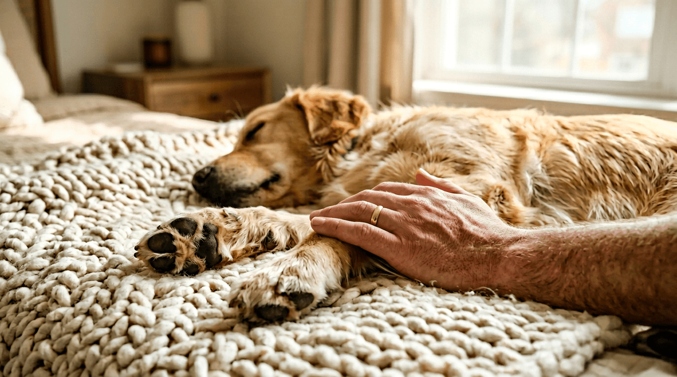Owner hand resting gently on a dog's paw