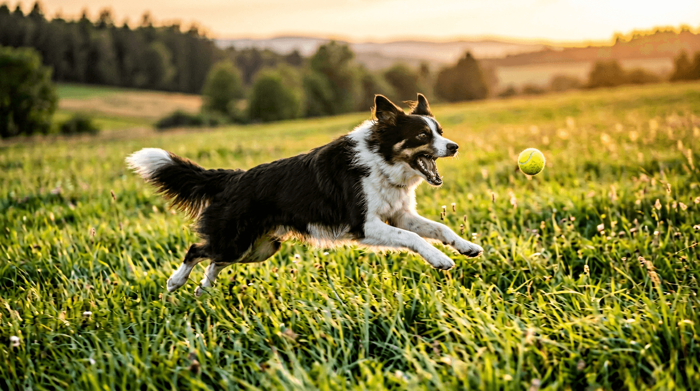 Dog mid-stride playing fetch in green field