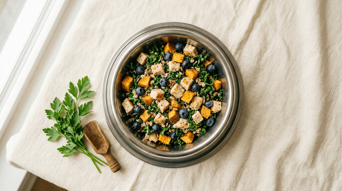 Bowl of fresh whole foods for dog nutrition