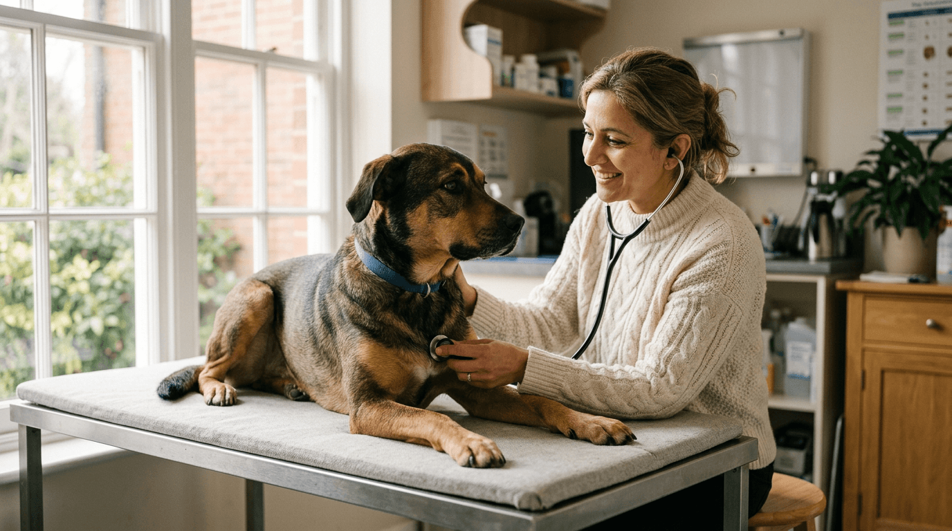 Veterinarian holding a stethoscope to a calm dog