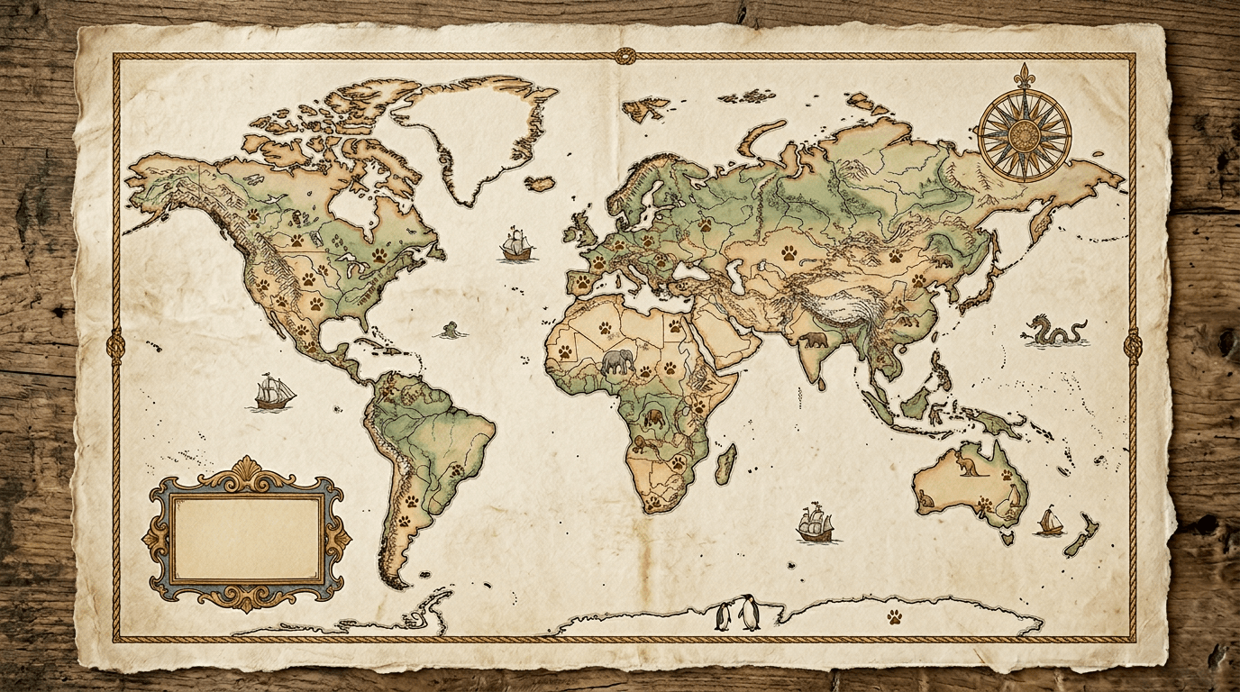 Stylized warm-toned world map with dog silhouette markers